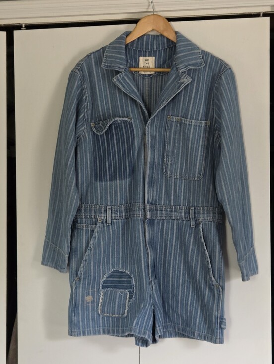We The Free Pants - We The Free Striped Denim Romper / Utility Jumpsuit - Blue